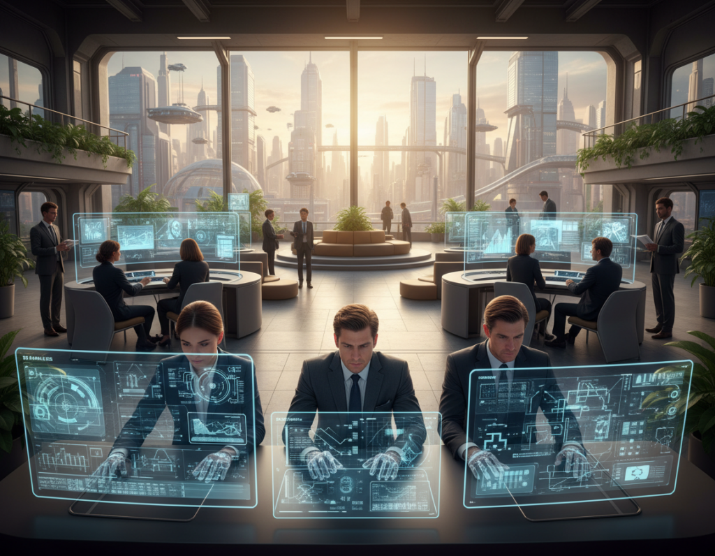 A futuristic study environment depicting diverse individuals engaging with advanced digital interactions. In the foreground, a group of three professionals dressed in smart business attire, focused on holographic screens displaying complex data visualizations and interactive elements. In the middle ground, ergonomic workstations with sleek designs and advanced technology, showcasing transparent displays and digital interfaces. The background features a spacious, well-lit room with large windows offering a view of a vibrant cityscape, bathed in warm, natural light. The atmosphere conveys a sense of innovation and collaboration, inviting creativity and exploration in an evolving digital landscape. Soft shadows enhance the depth, with a slight blur effect on the background to emphasize the subjects in the foreground.