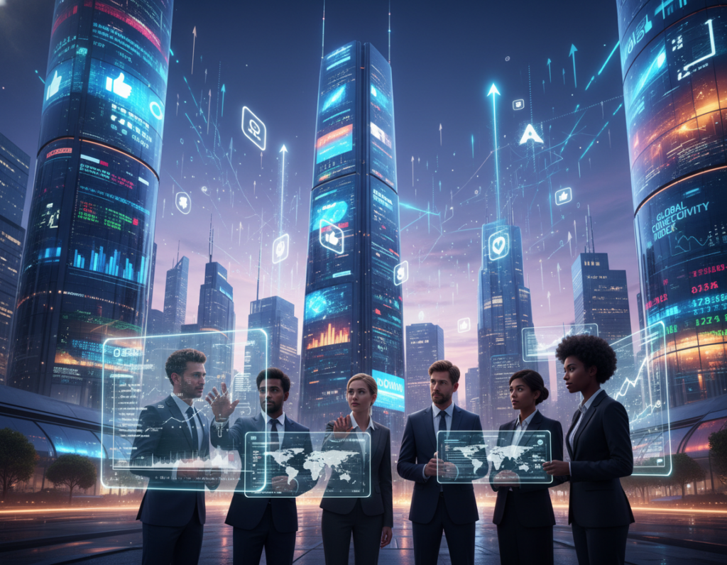 A futuristic urban landscape illustrating future trends in digital visibility. In the foreground, a diverse group of professionally dressed individuals are engaging with holographic displays, analyzing data and metrics of social media interactions. The middle ground features sleek skyscrapers adorned with vibrant LED screens displaying dynamic content and analytics, symbolizing growth in digital engagement. The background showcases a twilight sky with a gradient of deep blues and purples, illuminated by digital projections of graphs and icons, suggesting an advanced technological environment. Soft ambient lighting highlights the scene, creating a sense of optimism and progress. The atmosphere is energetic yet focused, embodying the convergence of technology and human interaction in the digital age.