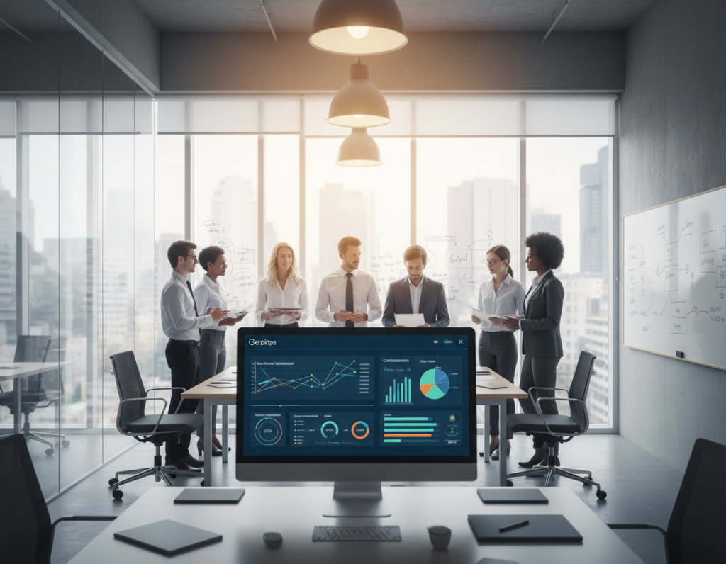 A modern office environment, showcasing a high-tech workspace designed for collaboration and engagement. In the foreground, a diverse group of professionals in business attire gathers around a sleek, digital display, analyzing a vibrant interface showing data on user participation and contributions. The middle layer features large glass windows allowing natural light to flood the space, reflecting a sense of openness and transparency. In the background, there are whiteboards filled with colorful diagrams and notes, representing brainstorming sessions and creative ideas. The atmosphere is dynamic and inspiring, conveying a sense of purpose and innovation, with warm lighting accentuating the excitement of teamwork and the potential for meaningful contributions.