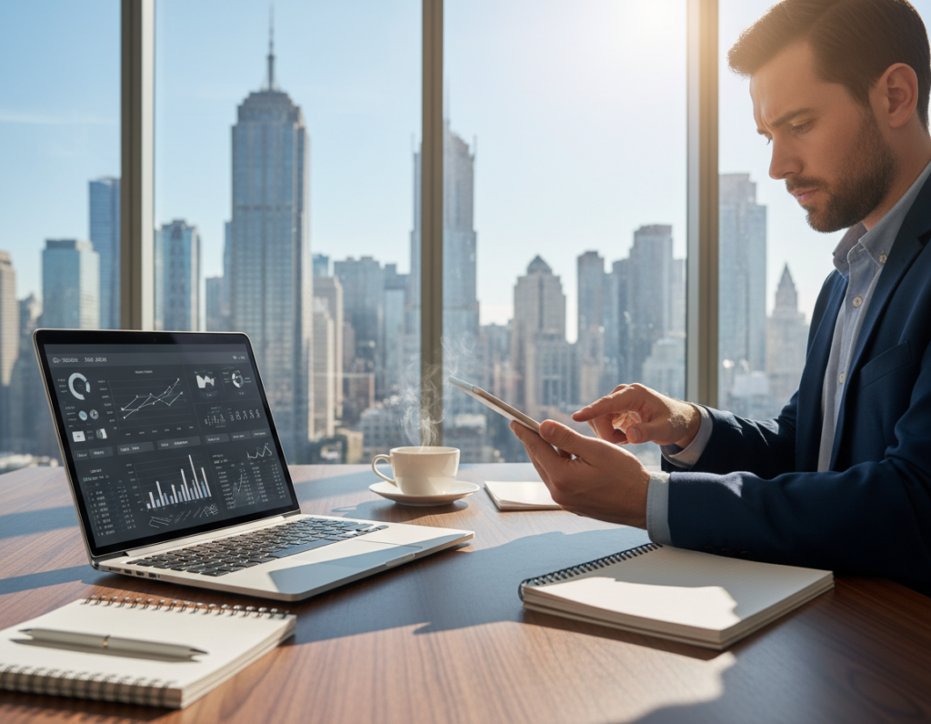 A modern, professional office scene illustrating "baseline metrics" for future growth. In the foreground, a sleek wooden desk with an open laptop displaying charts and graphs focused on stability indicators, surrounded by notebooks and a coffee cup. In the middle ground, a business professional in smart attire studies a digital tablet with focused intent, analyzing data trends. The background shows a large window revealing a vibrant city skyline under clear blue skies, symbolizing growth and opportunity. Soft, natural lighting illuminates the space, casting gentle shadows, while a sense of calm determination fills the atmosphere. The overall composition should convey a sense of purpose and clarity in decision-making.