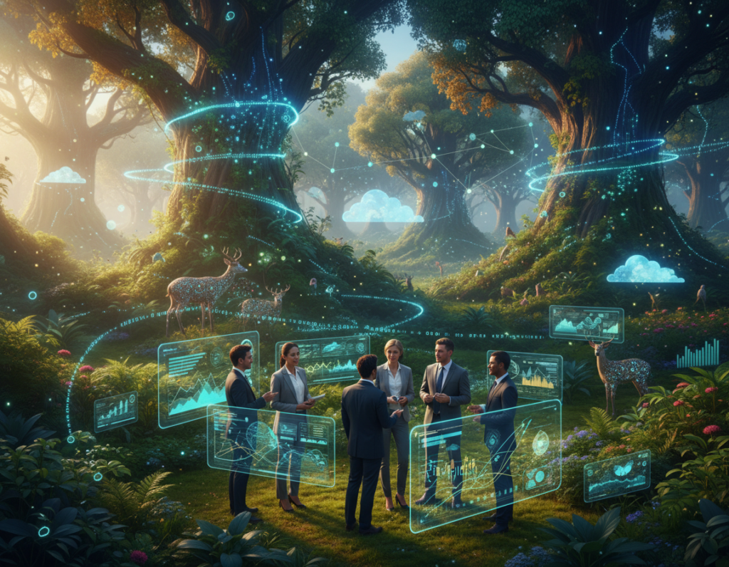 A conceptual visualization of "ecosystems data enclosure," featuring interconnected digital nodes representing data in a lush, green landscape. In the foreground, a diverse group of professionals in business attire examines data visualizations on transparent screens, symbolizing collaboration. The middle layer showcases a vibrant tapestry of flora and fauna interwoven with digital elements like binary code and cloud graphics, illustrating the dynamic nature of data ecosystems. In the background, towering trees with glowing leaves reflect the interconnectedness of nature and technology under soft, golden hour lighting. The atmosphere is optimistic and collaborative, evoking a sense of nurturing growth and sustainable participation within digital communities. The scene is viewed from a slightly elevated angle, enhancing depth and perspective without any text or distractions.