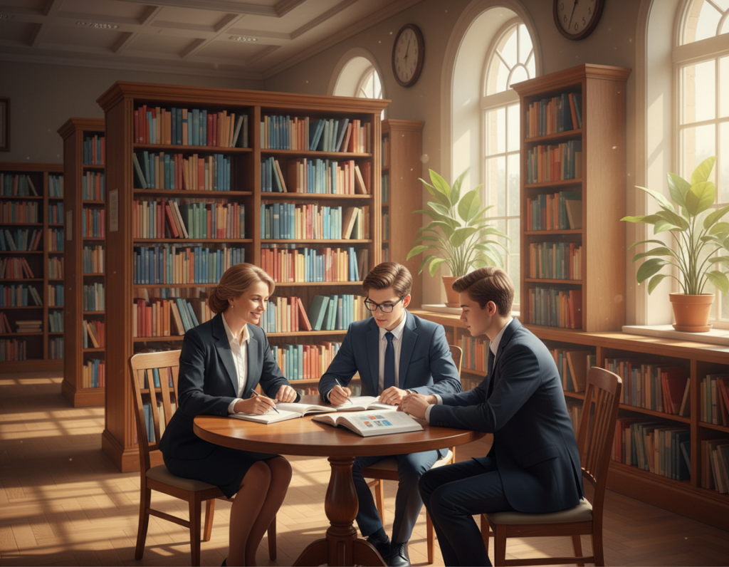A cozy, sunlit library interior, showcasing a diverse collection of colorful, predictable books lining the shelves, creating an organized and approachable environment. In the foreground, a round wooden table with an open book, highlighting clear, structured content, surrounded by a group of three individuals—a middle-aged woman, a young man, and a teenager—engaged in a collaborative learning session. They are dressed in professional business attire, projecting focus and inclusivity. The background features tall windows, allowing natural light to stream in, with leafy plants on the windowsills, enhancing the inviting atmosphere. Soft shadows are cast on the hardwood floor, adding warmth. The overall mood is one of empowerment and confidence, illustrating the benefits of structured information in learning.