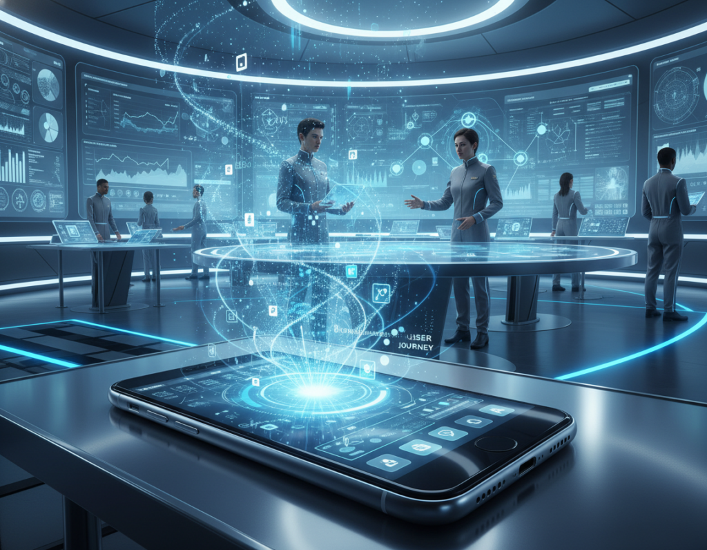 A futuristic smartphone research lab, featuring advanced devices arranged on sleek, illuminated workstations. In the foreground, showcase a cutting-edge smartphone with a holographic display projecting data and user interfaces around it. In the middle ground, scientists in professional attire examine digital tablets and collaborate over charts and blueprints. The background includes large screens displaying graphs and interactive models of behavioral algorithms. The room is bathed in cool blue and white lighting, accentuating a high-tech atmosphere with reflections on metallic surfaces. Use a slight angle upward for a dynamic perspective, enhancing the sense of innovation and exploration in technology. The overall mood is one of inspiration and forward-thinking, embodying the essence of future research in mobile interactions.