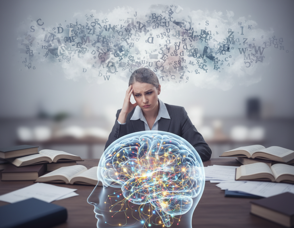 A visually engaging illustration of neurobiological reading struggles. In the foreground, focus on a human brain depicted with vibrant, glowing neural pathways and synapses activating in response to cognitive processes, symbolizing reading comprehension. In the middle layer, show a person in professional business attire, seated at a desk surrounded by books, visibly contemplating, with furrowed brows and a slight frown portraying struggle. The background should feature abstract representations of letters and words blending together, creating a sense of chaos, further emphasizing the reader's challenge. Use soft, diffused lighting to create a contemplative atmosphere, with a shallow depth of field for a dreamy effect. The overall mood should convey seriousness and introspection regarding the complexities of reading at a neurobiological level.