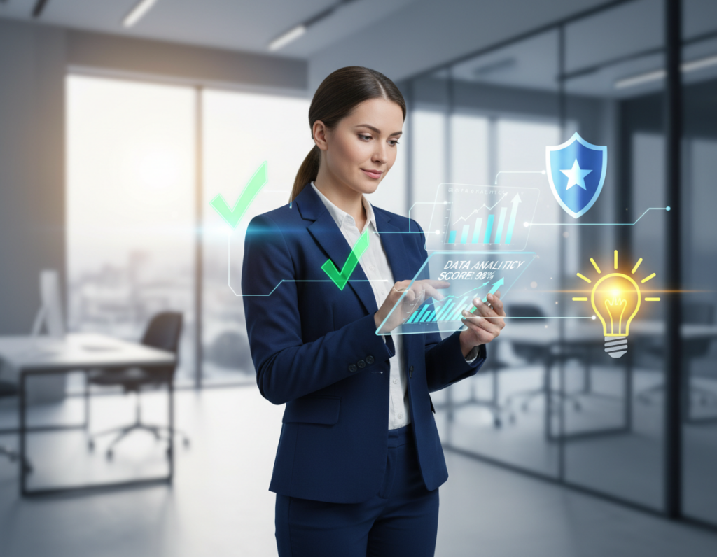 A visually striking composition that represents the concept of credibility and warranting cues in a digital age. In the foreground, a confident business professional in formal attire examines a tablet, displaying clear data and visual graphs. In the middle ground, several abstract symbols of trust, such as checkmarks, shields, and lightbulbs, hover around, symbolizing elements of credibility. The background features a blurred modern office setting, with soft lighting filtering through large windows, creating a polished and professional atmosphere. The angle of the shot is slightly elevated, providing a clear view of the subject's engaged expression. The overall mood should convey a sense of assurance and intellectual engagement, emphasizing the importance of credibility in informational quality. A visually striking composition that represents the concept of credibility and warranting cues in a digital age. In the foreground, a confident business professional in formal attire examines a tablet, displaying clear data and visual graphs. In the middle ground, several abstract symbols of trust, such as checkmarks, shields, and lightbulbs, hover around, symbolizing elements of credibility. The background features a blurred modern office setting, with soft lighting filtering through large windows, creating a polished and professional atmosphere. The angle of the shot is slightly elevated, providing a clear view of the subject's engaged expression. The overall mood should convey a sense of assurance and intellectual engagement, emphasizing the importance of credibility in informational quality.