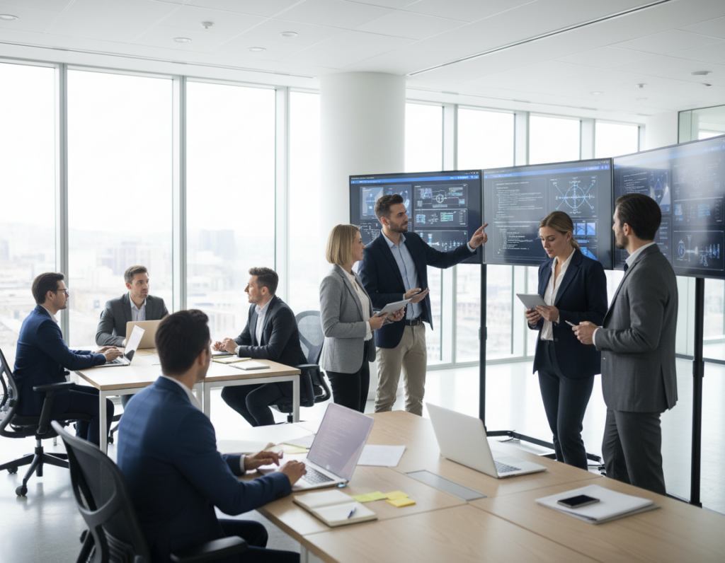A modern, sleek office environment illustrating technical site usability. In the foreground, a diverse group of professionals in business attire is engaging with large digital screens showcasing user interface designs and flowcharts. The middle section features a collaborative workspace with modern furniture, laptops, and notepads, emphasizing teamwork and innovation. In the background, large windows let in soft, natural light, creating a bright and inviting atmosphere. The color palette is cool with blues and grays, conveying professionalism and clarity. The lens captures the scene at a slight low angle, highlighting the active engagement of the team with the technology, reflecting a mood of focus and collaboration. A modern, sleek office environment illustrating technical site usability. In the foreground, a diverse group of professionals in business attire is engaging with large digital screens showcasing user interface designs and flowcharts. The middle section features a collaborative workspace with modern furniture, laptops, and notepads, emphasizing teamwork and innovation. In the background, large windows let in soft, natural light, creating a bright and inviting atmosphere. The color palette is cool with blues and grays, conveying professionalism and clarity. The lens captures the scene at a slight low angle, highlighting the active engagement of the team with the technology, reflecting a mood of focus and collaboration.